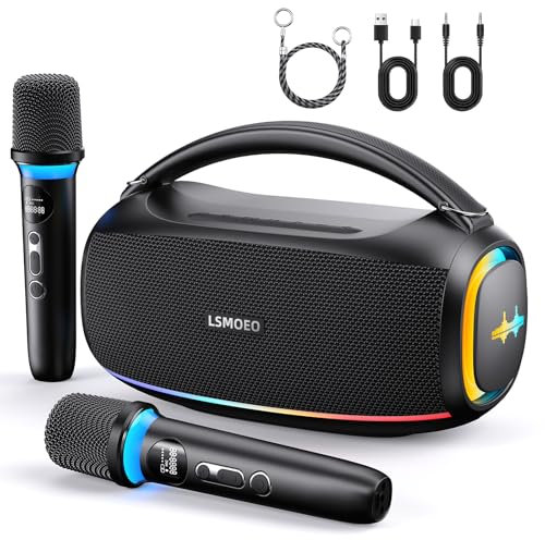 Karaoke con 2 micrófonos, IPX5 Altavoz Karaoke Bluetooth y Luces de DJ para Adultos y niños, 60W PA Sistema con micrófono Karaoke Profesional portátil para Fiestas en casa, al Aire Libre（Negro）