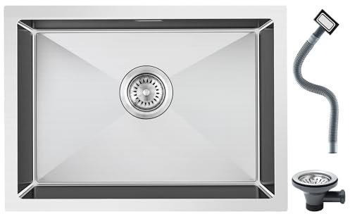 ROVOGO 40 x 50 cm Evier Cuisine en 304 Acier Inox, Kit de Vidage d'évier de Cuisine avec Trop-plein, Montage à Encastrer, à Fleur ou Sous Plan Evier Cuisine, Lavabo Cuisine 1 Bac Brossée