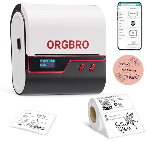 ORGBRO Z3 Stampante Etichette Adesive Termica Etichettatrice Etichette Adesive Personalizzate para Joyería, Supermercado, Pequeñas Empresas con 1 Rollo Blanco de Etiquetas de 50x30 mm, Rojo