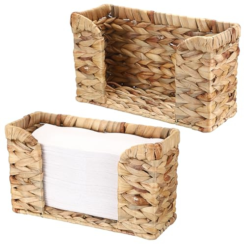 BSTKEY 2 Pack Natural Water Hyacinth Paper Towel Holders, Handwoven Folded Tissue Paper Dispenser Guest Towel Dispenser Household Countertop Napkin Holder Paper Holder