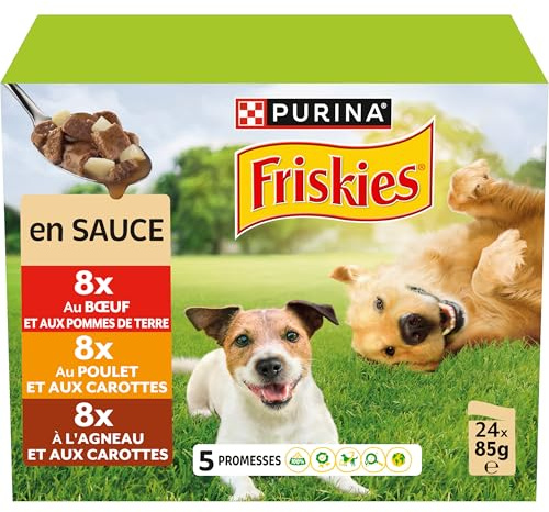 FRISKIES | Patée pour Chien Adulte | en Sauce | Au Poulet, Bœuf, Agneau et Légumes | Aide à Maintenir Un Regard étincelant, Un Poil Brillant et Une Peau Saine | Sachets Fraîcheurs | 24 x 85 g