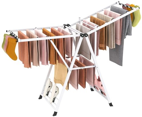 Giantex Clothes Drying Rack, Foldable Metal Laundry Drying Rack with Height Adjustable Wings, 16 Drying Rails, Sock Clips & Shoe Racks, Freestanding Clothing Stand for Indoor & Outdoor, White