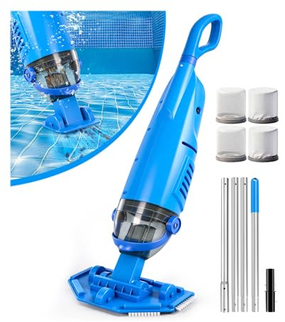 LanBlu Aspirapolvere Piscina a Batteria, 2.5m Aspiratore Piscina Fuori Terra con Palo Telescopico, 4200L/H Manuale Aspiratore Piscine Senza Fili con 4 Filtri,Design Anti-ritorno Pulitore Fondo Piscine