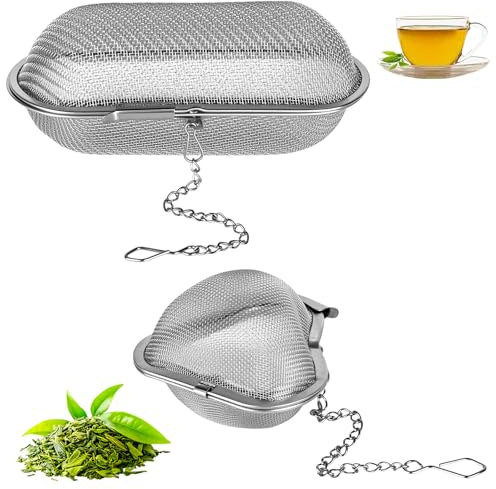 Rzspher 2 coladores de especias para cocinar, filtro de té de acero inoxidable con cadena y gancho para colgar en el borde de la olla, colador de hierbas para especias, hierbas, té suelto