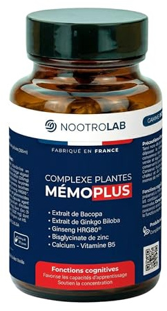 MémoPlus | Nootropique Premium | 600mg Bacopa (20% Bacosides), Ginseng HRG80™, Ginkgo Biloba | Booster Mémoire & Concentration Travail | 120 Gélules Vegan | Fabriqué en France
