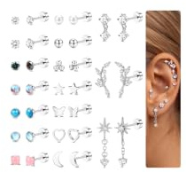 LOLIAS 17 Pairs Boucles d'Oreilles Femme Acier Inoxydable Hypoallergéniques Lot Boucles d'Oreilles Femme Or/Argent Clou d'Oreille Plat Petites Conch Cartilage Tragus Helix Piercing Oreille