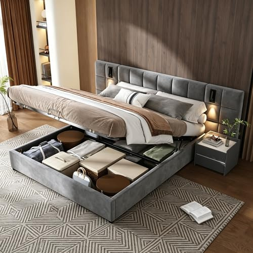 Double Ottoman Bed Frame with Hydraulic Storage & Wide Headboard, 4ft6 Upholstered Platform Bed Frame with Directional Lamp & USB Charging, Gas Lift Up Fabric Storage Bed with Slats, Grey,No Mattress