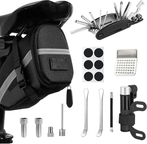 Kit de réparation de vélo avec Sacoche de Selle, Outil Multifonction 16 en 1 + Mini Pompe à air 120 psi, kit d'outils de réparation d'urgence pour vélo, VTT