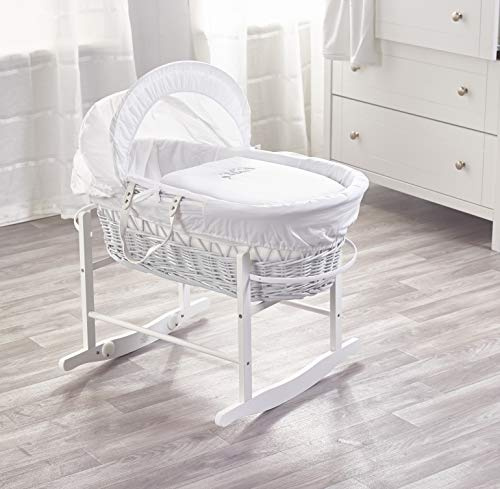 ELEGANT BABY Embroidered Sleepy Owl White Wicker Moses Basket with Chester White Rocking Stand, Adjustable Hood, Fibre Mattress & Padded Liner