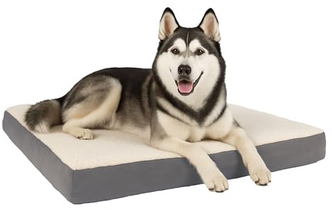Orthopedic Dog Bed - 2-Layer 44x35-Inch Memory Foam Pet Mattress with Machine-Washable Sherpa Cover for Large Dogs up to 100lbs by PETMAKER (Gray)