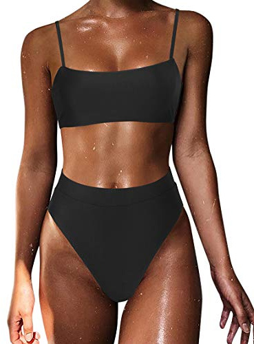 MOSHENGQI Sexy Push up Bikini Sets High Waist Swimsuits for Women Spaghetti Straps (Large, Black)