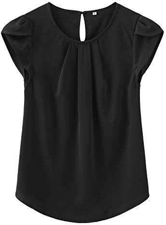 TASAMO Women Chiffon Blouse Round Neck Short Sleeve Top Shirts (Medium, Black)