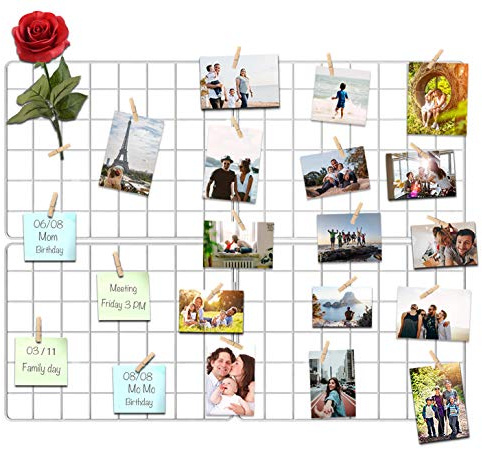 Kakivan Wire Wall Grid Panel for Photo Display, DIY White Iron Picture Frames Collage for Hanging Wall Decor, Foldable Multi Pictures Organizer with 12 Clips, 31'' X 24'' Inch. (2 Pack)