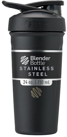 BlenderBottle Strada Shaker Cup Insulated Stainless Steel Water Bottle with Wire Whisk, 24-Ounce, Black