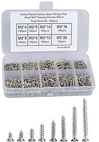 Lot de 800 vis autotaraudeuses M2 à tête plate pour le travail du bois avec boîte