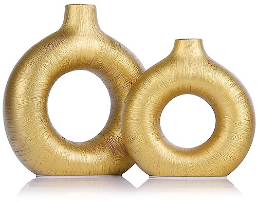 Juego de 2 jarrones de cerámica dorados, jarrones redondos de cerámica dorados modernos, centros de mesa para sala de estar, comedor, cocina, boho, granja,exhibición floral,boda y decoración del hogar