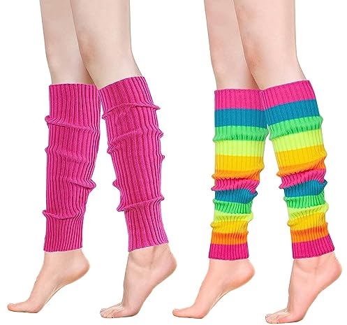 Neon Leg Warmers, Rainbow Knee Warmers and Pink Knitted Leg Warmers for Women Girls Fashionable Color Leg Warmers for Retro 80s Theme Party Sports Yoga Casual (Neon Leg Warmers, rose pink,rainbow)