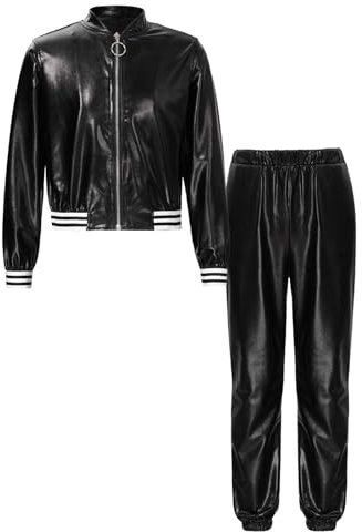 Jugaoge Kinder Bekleidungsset Mädchen Jungen Jacke und Hose Lack Leder Optik Jogging Anzug Herbst Winter Sport Fitness Tanz Outfits Schwarz 146-152