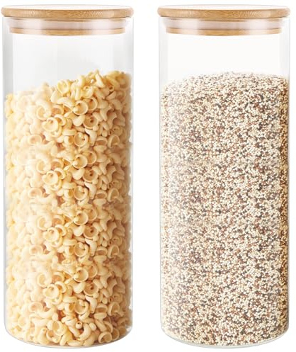 WOPPLXY 2 PCS Glass Jars with Bamboo Lids - 1800ml Clear Airtight Food Storage Jar - High Borosilicate Glass Container Jar with Sealing Ring for Pasta, Rice, Sugar, Tea