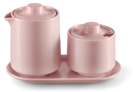 Tchibo Kaffeezubehör, Milch und Zucker-Set, Milchkännchen, Zuckertopf, Tablett, Porzellan (Rosa)