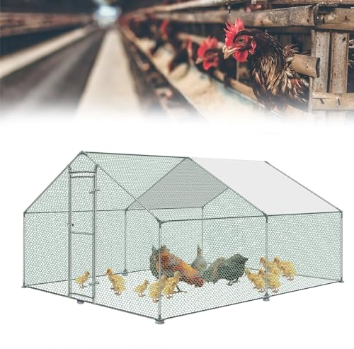 HENGMEI Hühnerstall 3x4x2m Freilaufgehege Käfige Kleintierstall Verzinkter Stahl Hühnerkäfig mit PE Dach Außen Freigehege mit Schloss Geflügelstall