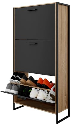 CASABEL, Mueble para Calzado Industrial (18 Pares), Armario para Zapatos, Almacenamiento de Entrada, Gran Capacidad, Ahorro de Espacio, Entrada Pasillo, Puertas Negras, Marco Madera Clara, Empresa