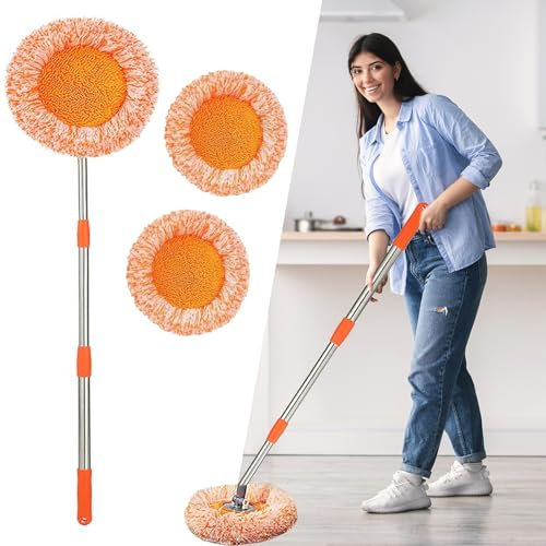 Wall Cleaning Mop, 360° Rotatable Adjustable Microfiber Mops, Long Handle Extendable Walls Cleaning Brush with Heads Replacement, Dry and Wet Cleaner for Wall Car Ceiling Window Floor (2 Mop Heads)
