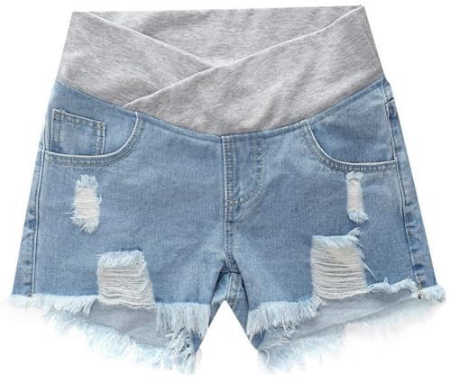 Ccipotatoo Pantaloncini premaman da donna jeans pantaloncini in cotone leggings corti premaman regolabile fascia pancia pantaloni sopra il pancione per gravidanza estiva, Blu, XXL
