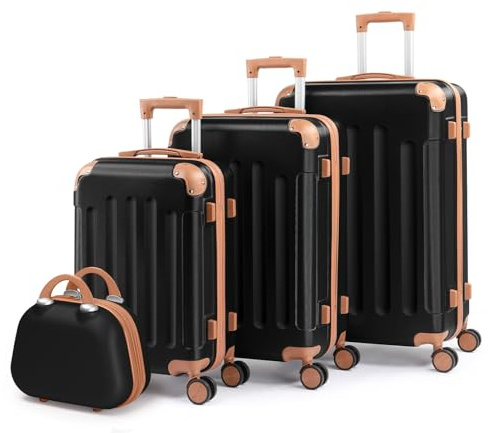 LALAHO Set de 4 Valises avec Vanity Case (Noir-Marron) | Valise Grande Taille & Cabine, Petite Valise, ABS avec Coins Renforcés, roulettes Pivotantes 360°