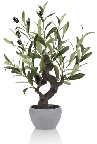 HPNIUB Artificial Olive Tree Potted Plant with Stone Pot, Japanese Bonsai Tree Faux Plants Desk Plant, Realistic Greenery Decor for for Home Bedroom Bathroom Office Desk 28x27x48cm