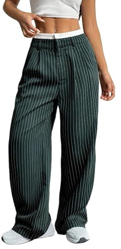 KIJSKKOPO Pantalon À Rayures Taille Haute pour Femme, Pantalon Large Drapé Contrasté Patchwork Noir avec Poches, Pantalon De Costume Droit Hip Hop Y2K Décontracté Et Élégant, Vert Foncé, XL