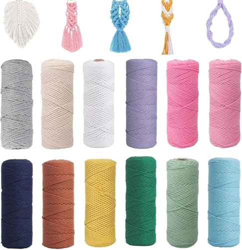 Macrame Cuerda, Hilo de Macramé de Algodón Natural Gruesa, Cuerda Manualidades Colores, Cuerda de Algodón Trenzada para Manualidades,Tejidos, Bohemia Decoración (12PCS-1mmx65m)