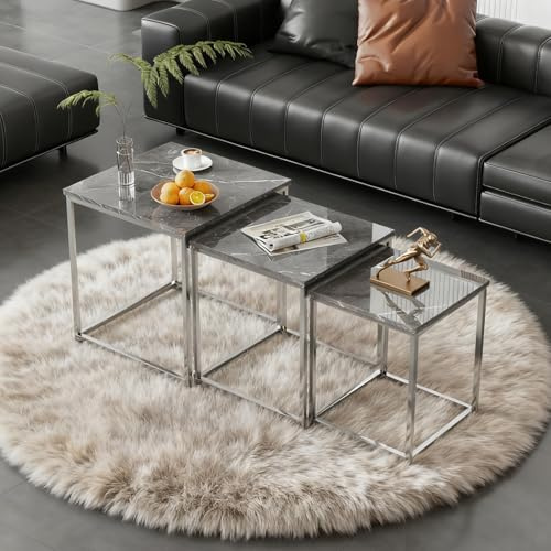 QIHANG-UK Nest of Tables Set of 3, Square Nesting Coffee Tables with Chrome Frame, Space Saving Stacking Nested Tables, 3-Piece High Gloss Sofa Side Table Set for Living Room Bedroom (Grey Marble)