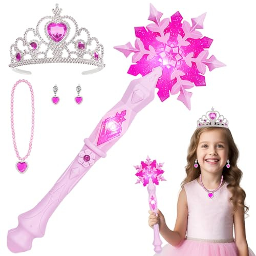 AUYAO Bacchetta Magica Bambina, Bacchetta LED da Principessa, Fiocco di Neve Accessorio Set con Collana e Orecchini a Corona, Luminoso Fata per Cosplay Feste di Compleanno Natale Halloween