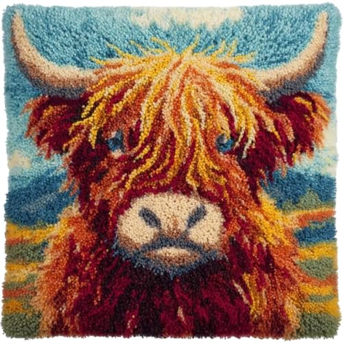 ZUHK Latch Hook Rug and Cushion 2-in-1 Kit - DIY Crochet Embroidery Set fit for Home Decoration, 43x43cm (Cow 2)
