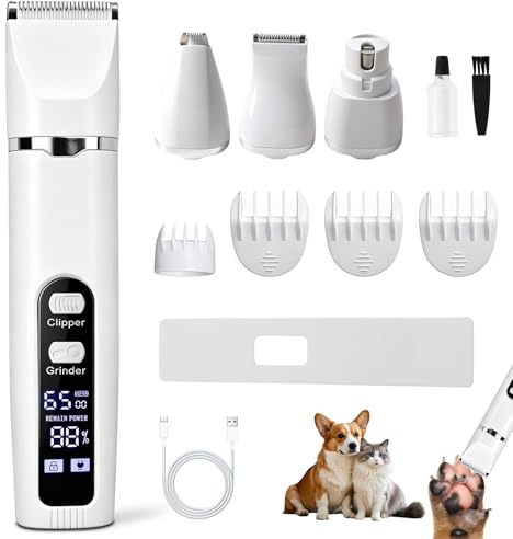 Kit Toilettage Chien 4 en 1, Tondeuse Chien et Tondeuse Chat Silencieuse Sans Fil, Tondeuse Pour Chien Professionnelle avec Écran LCD, Tondeuse Animaux pour Poils Longs et Pattes, Blanc
