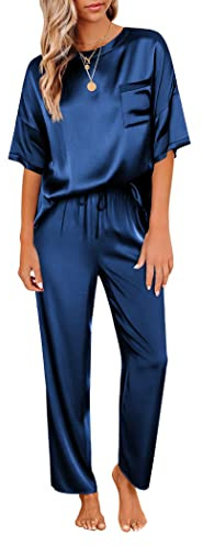 Ekouaer Pijama Mujer Manga Corta y Pantalones Larga Conjunto de Pijamas Satén Ropa de Dormir en Cuello Redondo, Azul Marino, M