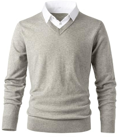 Herothorn Stickad tröja för män mode pullover mjuk touch v-ringad tröja topp med rutig eller vit stoppad skjorta krage