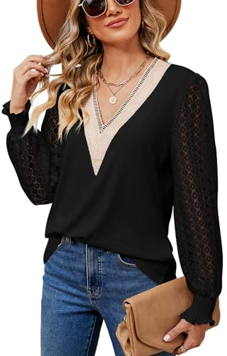 LEKOPUR Schwarze Bluse Damen Elegant V Ausschnitt Tunika Spitze Langarm Blusenshirt Festliche Oberteil T Shirt Einfarbig Blusen & Tuniken für Damen