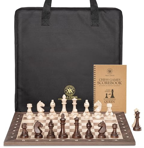 A&A Professionelles Holzschach set, 39,4 cm Holzbrett mit 7,6 cm gewichteten Holzschachfiguren (2 zusätzliche Damen), Schachzählheft und Aufbewahrungstasche