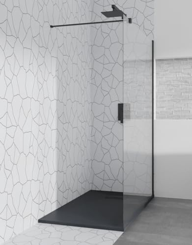 BADLAND Komplettes Set - Walk-In Dusche KETIL 140x195 + Duschwanne VIDAR 90x160 - Duschabtrennung Transparent Nano Glas, Duschtasse Rechteck Schwarz Steinoptik SMC mit Ablaufgarnitur Ø 90 mm