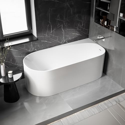 BERNSTEIN - Baignoire d'angle semi-îlot Blanc brillant design Acrylique + Bonde et trop plein, 220L, Montage à gauche - 170x80x58cm (lxLxH) - ONDA CORNER