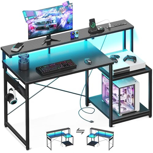 AODK 48 Inch Gaming Desk with LED Lights & CPU Stand, Carbon Fiber Black