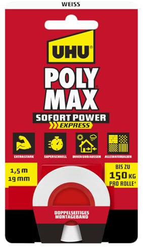 UHU POLY MAX Doppelband, Hochleistungsfähiges, doppelseitiges Montageband mit Soforthaftung für bis zu 150kg pro Rolle, weiß, 1,5m x 19mm