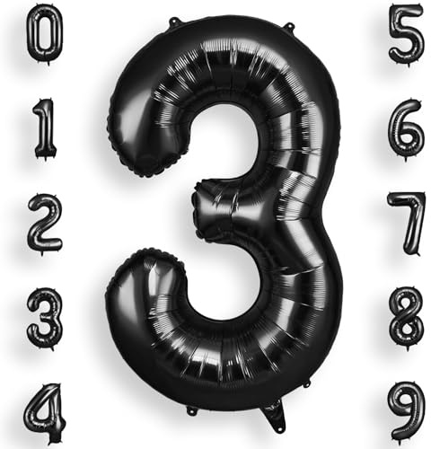 AOOSU Black Helium Balloons, 40 Inches Number Balloons 3, Foil Birthday Balloon for Birthday Anniversary Wedding Party Decorations Celebration Supplies for Girls Women Men Boys