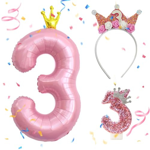 Palloncino Numero 3,Candelina 3 Anno,Corona Compleanno Bambina 3 Anno
