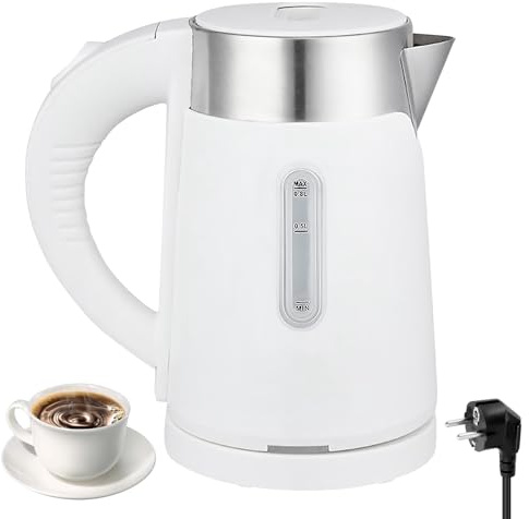 Bollitore elettrico, 800 ml, bollitore da viaggio, in acciaio inox, 600 W, piccolo bollitore elettrico, 5 minuti, cottura veloce, mini bollitore da campeggio, per tè, caffè, latte per bambini, bianco