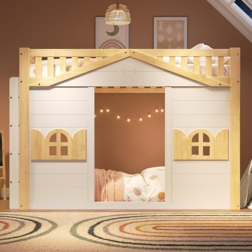 BTM Bunk bed, loft bed, children's bed, wooden bed, house bed 90x190cm, window shape, underneath used as a bed or as an activity area, white+natural color