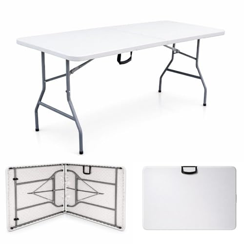 TERRE JARDIN - Table Pliante, 8 Places 180 x 74 x 74 cm,175 kg Max - Table Pliante Exterieur, Interieur Rectangulaire - Table de Jardin Pliante Blanche, Buffet, Fêtes, Camping - Stable et Robuste