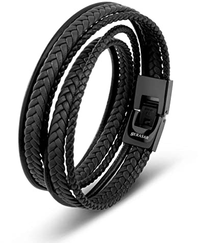 SERASAR Läderarmband för Män 34cm Flätat Svart Armband Pojkarmband Hanarmband Smyckepresentidé Jubileumspresenter Present till Make, Pojkvän, Vänner